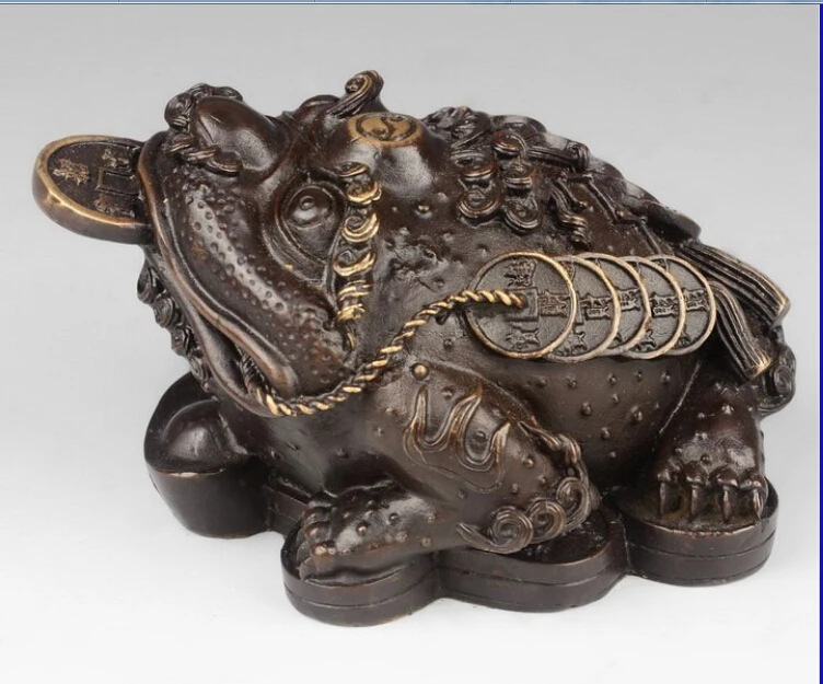

China Pure Brass Copper Fengshui Yuanbao Wealth Money Golden toad Bufonid Statue