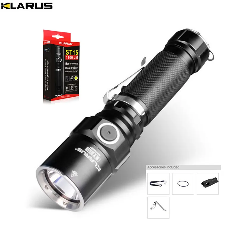 

Original KLARUS ST15 CREE XP-L HI V3 LED 1100LM LED Flashlight Beam distance 305meters Tactical Flashlight by 18650 battery