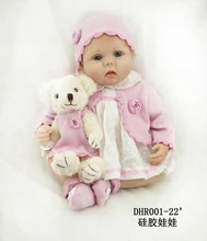22 inch 55 cm baby reborn Silicone dolls, Pretty cute doll with small wool coat small bear plush dolls