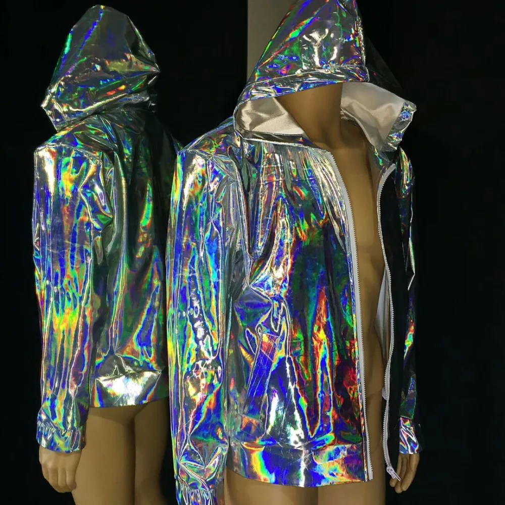 Серебряная куртка из искусственной кожи пальто свободного кроя на молнии с капюшоном мужская осенне-зимняя одежда прилив мужской певец Рок Хип-хоп танцевальный сценический костюм