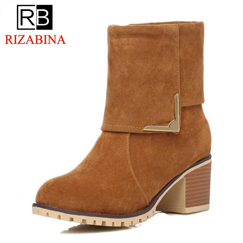 

RIZABINA Dropship Shoes Woman Boots Square High Heels Slip On Women's Shoes Warm Plush Winter Ankle Boots Women Large Size 34-43