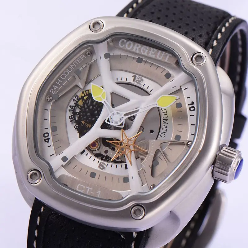 

Corgeut 46mm Gray Dial Yellow hands Luxury top brand men clock leather Japan Miyota Automatic Mens Mechanical wrist watch