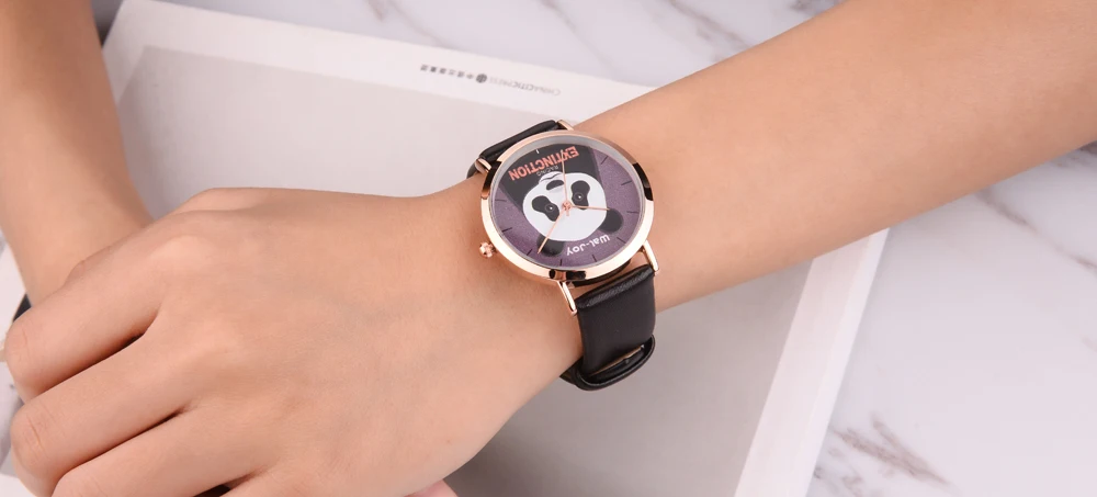 Wal-Joy, женские часы, модные, с изображением панды, кварцевые часы, для студентов, девушек, кожа, водонепроницаемые часы, черные часы, подарки для друзей