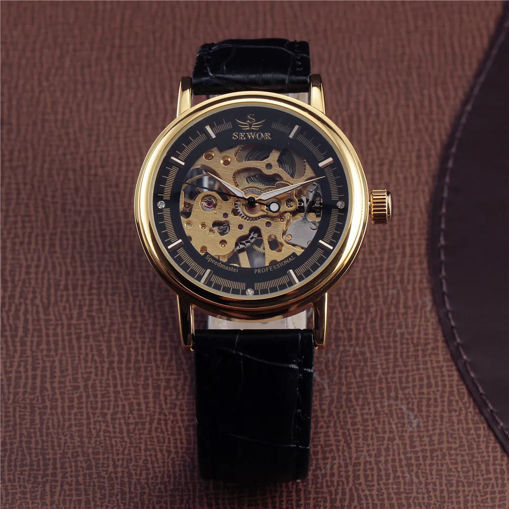 Koop 2018 SEWOR Hollow Mechanische Hand Wind Mannen Vrouwen Horloges Classic Carving Skeleton Gold Dial Lederen Band Polshorloge