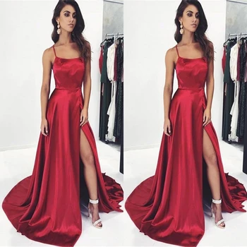 Simple Elegant Dark Red Sexy Straps Spaghetti Prom Dresses 2019 A Line Satin High Split Formal Party Evening Gowns Cheap
Simple Elegant Dark Red Sexy Straps Spaghetti Prom Dresses 2019 A Line Satin High Split Formal Party Evening Gowns Cheap