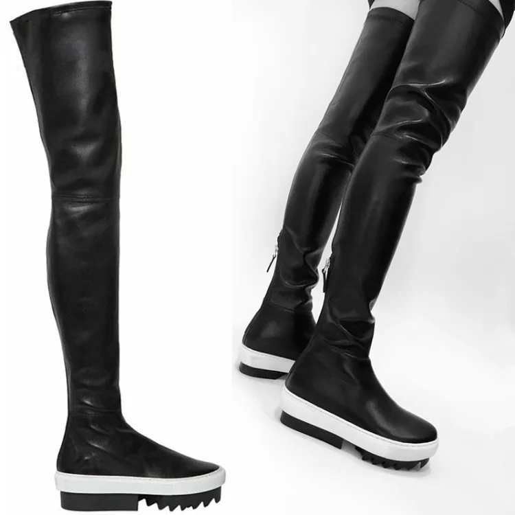 Trendy Fashion Elastische Stretch Over de Knie Dij Hoge Laarzen Wit Zwart  Rubberen Zool Platform Platte Lange Laarzen|thigh high boots|high bootslong  boots - AliExpress