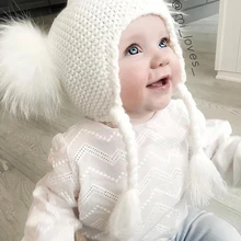 Зимняя вязаная шерстяная шапка с меховым помпоном для мальчиков и девочек, шапка-бомбер, Детские шапочки, вязанные крючком шапки-бини для мальчиков с помпоном из натурального меха