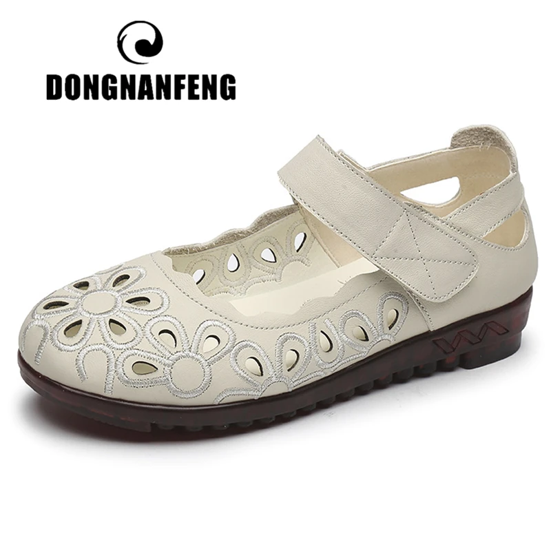 

DONGNANFENG Women Ladies Mother Genuine Leather Female Shoes Sandals Flowers Summer Embroidery Retro Hollow Size 35-41 MLD-7011