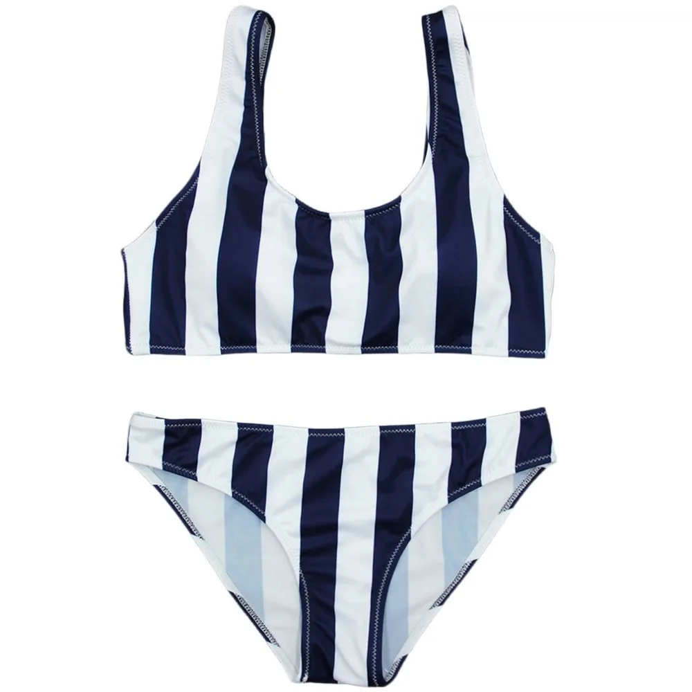 

2PCS White + Dark Blue Strip Swimwear Lady Women Split Swimsuit Vest Type Beach Swimsuit Printing Bathing Suit