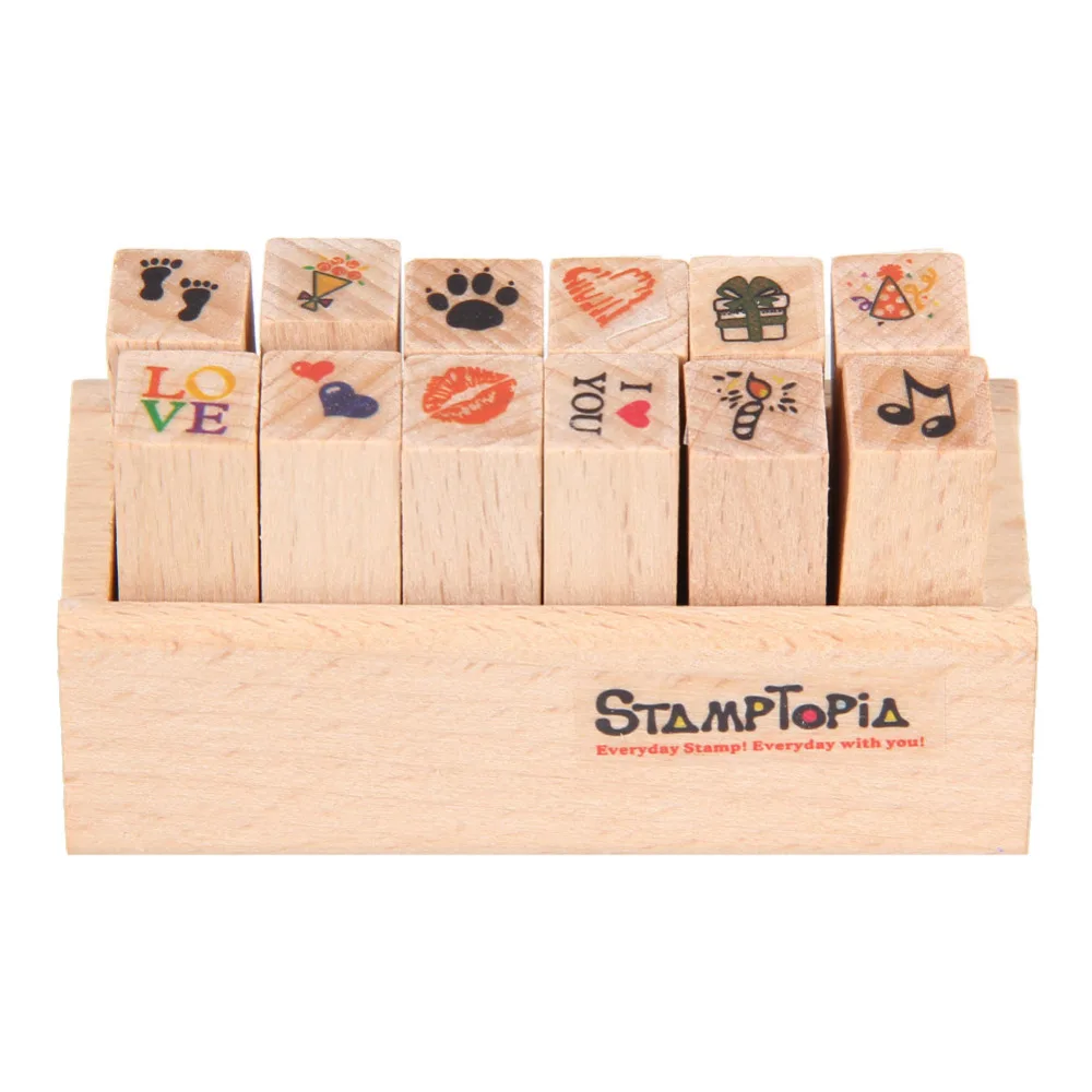 

12pcs/set Retro Cartoon Stamp DIY Happy Time Style Diary Wooden Rubber Stamp with Box for Scrapbook Craft DIY Scrapbooking Card