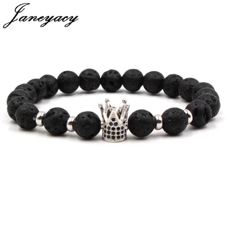 Janeyacy модная Корона 8 мм браслет из вулканического камня женский CZ черный талисманы бусы браслеты мужские браслеты Ho мужские s Pulseira