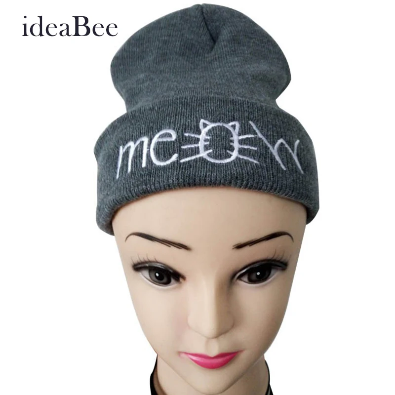 

ideaBee New Hot Fashion MEOW Cap Men Casual Hip-Hop Hats Knitted Wool Skullies Beanie Hat Warm Winter Hat Women Free Shipping