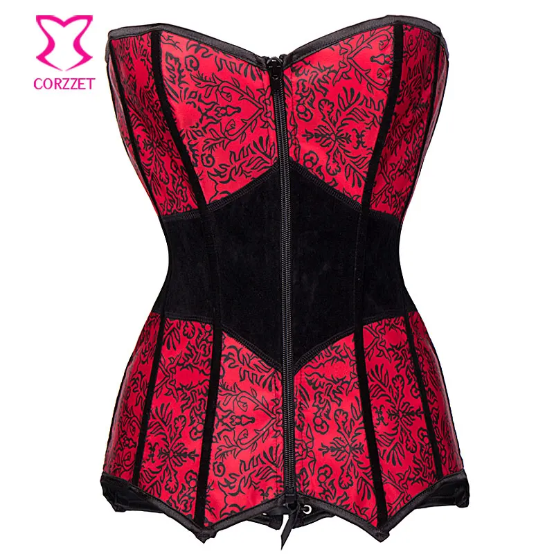

Red / Black Floral Print Vintage Overbust Corset Corpetes E Espartilhos Sexy Gothic Clothing Corsets And Bustiers With Zipper