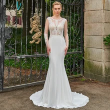 Dressv Scoop Neck Mermaid Long Wedding Dress Long Sleeves Court Train Backless Lace Dream Church Princess Wedding Dresses Custom