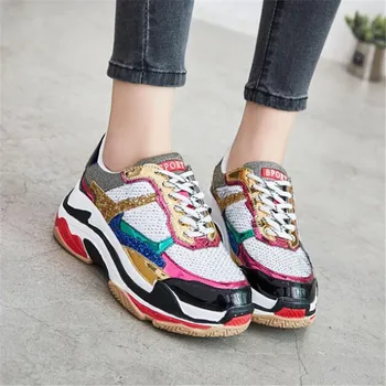 

2018 Autumn Girl New Fashion Brand Shoes Women Glitter Sneakers Cross-tied Sequins Lady Platform Shoes Bling Breathable