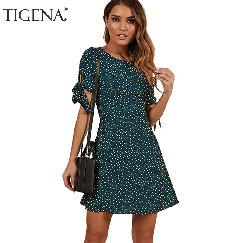 

TIGENA Green Red Chiffon Polka Dot Dress Summer Women Sundress 2019 Tunic Short Sleeve Mini Short Holiday Beach Dress Lady
