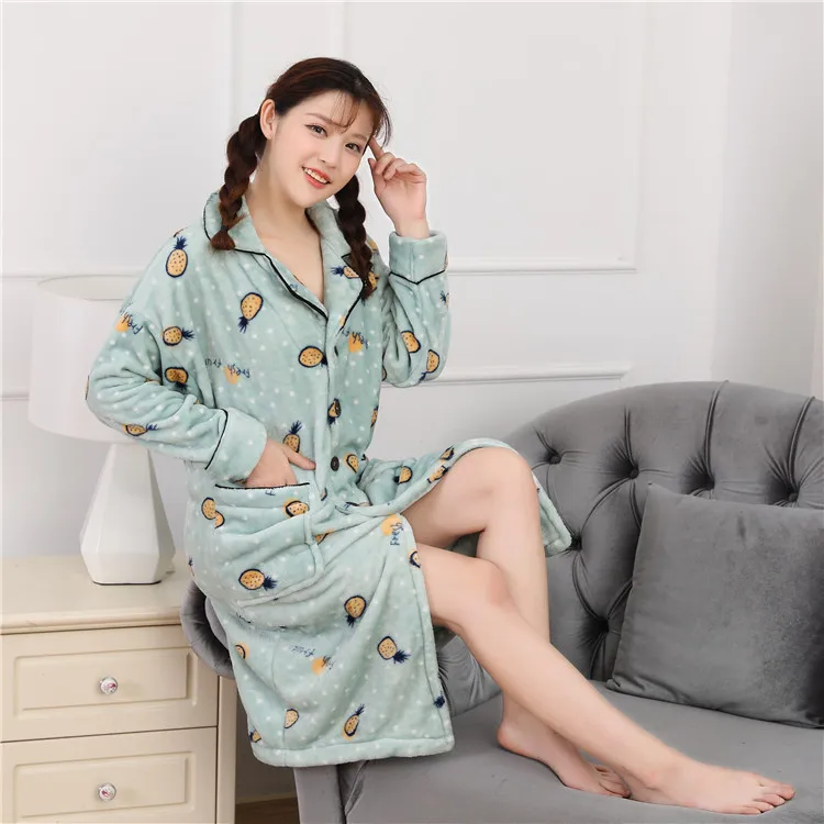 

Cute Women New Flannel Long Sleeve Robes Elegant Kimono Bathrobe Gowns Sweet Home Dress Pajamas Keep Winter Warm Thicken Robe