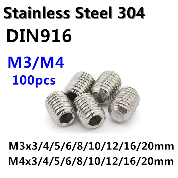 

100pcs/lot DIN916 M3 M4 Stainless Steel Grub Screw M3*3/4/5/6/8/10/12/16/20mm Hex Socket Set Screw M4*3/4/5/6/8/10/12/16/20/25mm