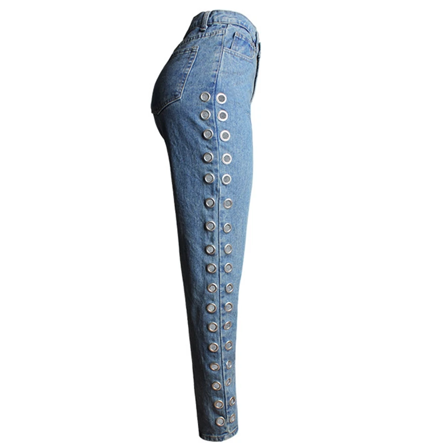 Spring Vintage Casual Loose Boyfriend Jeans For Women High Waist Jeans Rivet Eyelet Denim Mom Jeans Bottoms