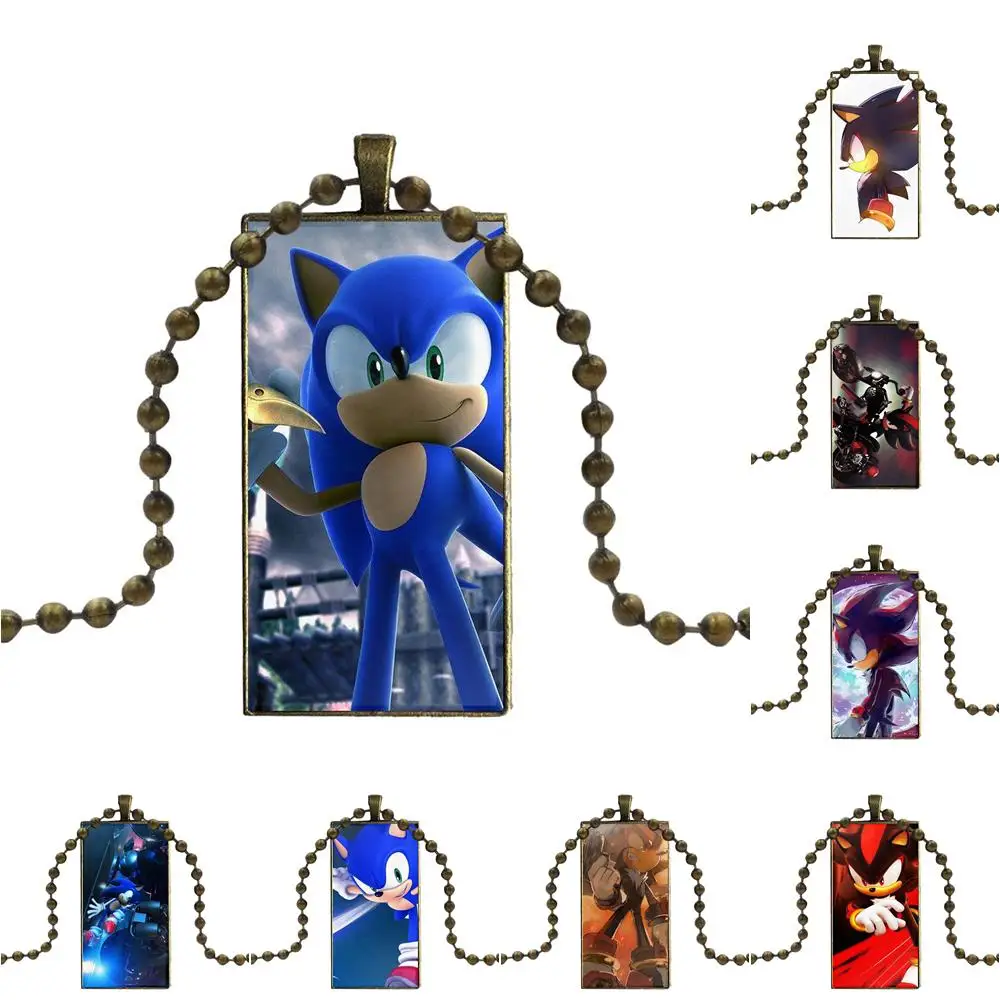 

Sega Shadow Sonic The Hedgehog For Kids Beads Bronze Color Glass Cabochon With Rectangle Shaped Pendant Choker Necklace
