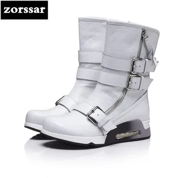 

{Zorssar} 2019 New Women Booties Winter Warm Plush Snow boots Genuine Leather Women mid calf Boots flat Botas Mujer Size 41