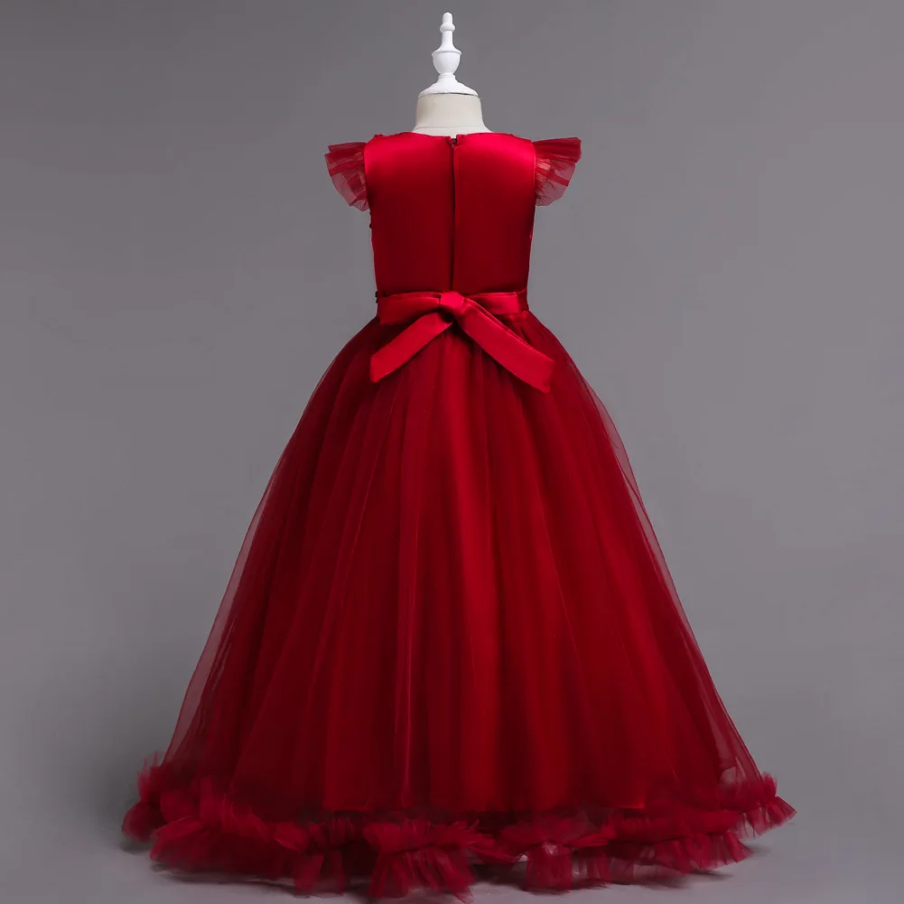X089 элегантное детское платье принцессы из тюля для выпускного вечера с цветочным узором для девочек детское кружевное платье до пола для причастия, пышные платья для девочек красного цвета
