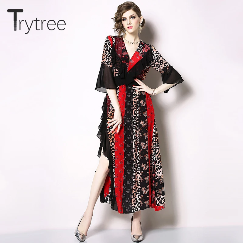 Trytree лето осень высокая улица леопардовое платье женские оборки шелковистые