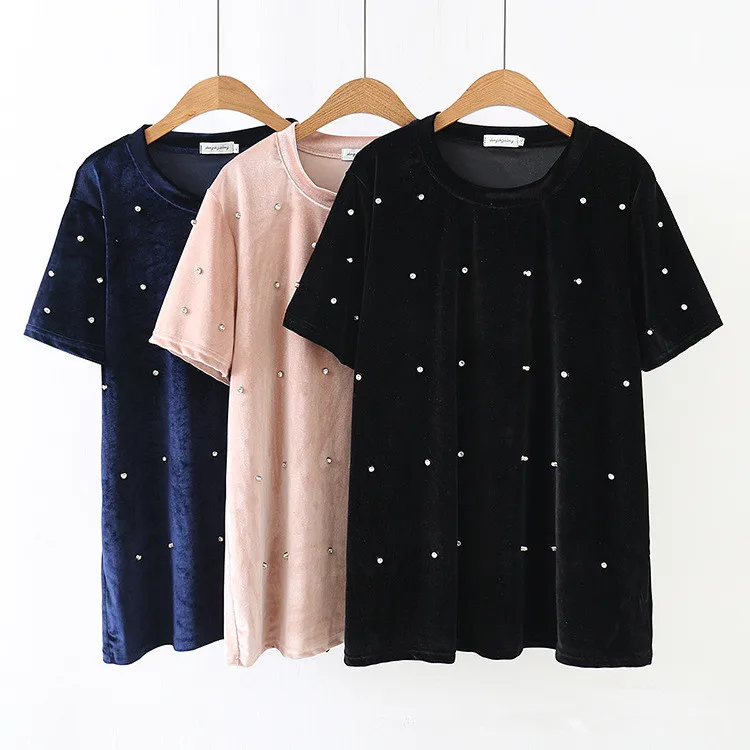 

Loose Velvet Short-sleeved T-shirt Vintage Diamond Rivet Retro Streetwear Casual Plus Size Harajuku Tee Shirt Tee Female 4XL