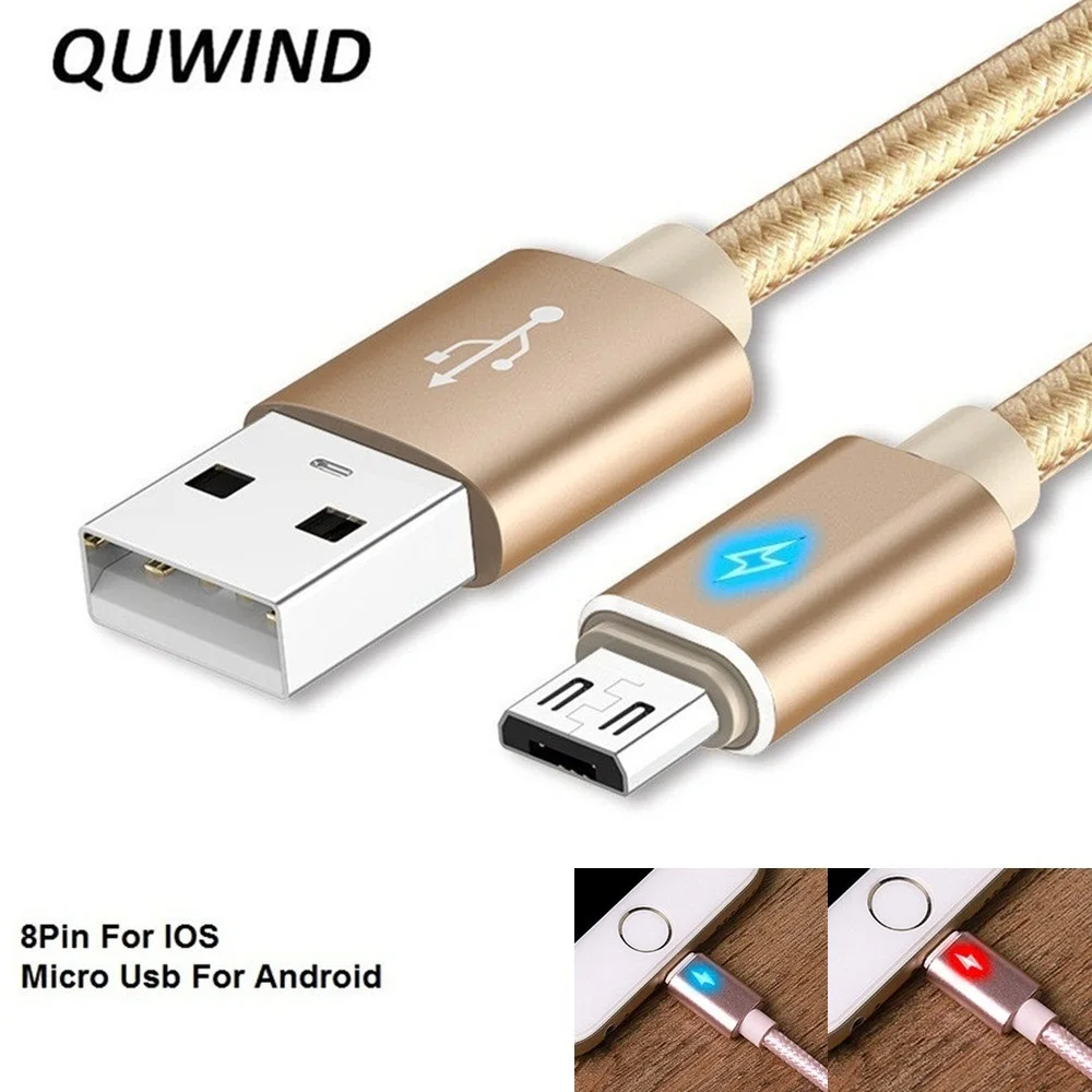 

QuWind 1 M 3.3FT 2M 6.6FT LED Weave USB Charging Data Cable For iPhone 5 6 7 8 Plus X iPad HuaWei Samsung Android