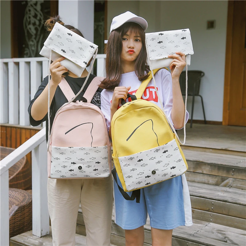 Menghuo 2 Pcsset Women Backpacks Cute Fish School Bag for Teenage Girls Printing Canvas Backpack Ladies Shoulder Bags Mochilas (7)