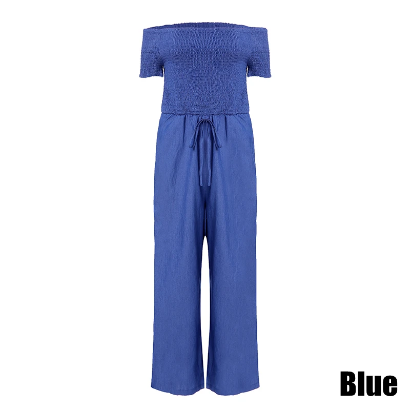 VONDA Casual Demin Rompers Women Jumpsuit Sexy Off Shoulder Playsuits Summer Bohemian Wide Leg Pants Office Overalls Plus Size - Color: Blue