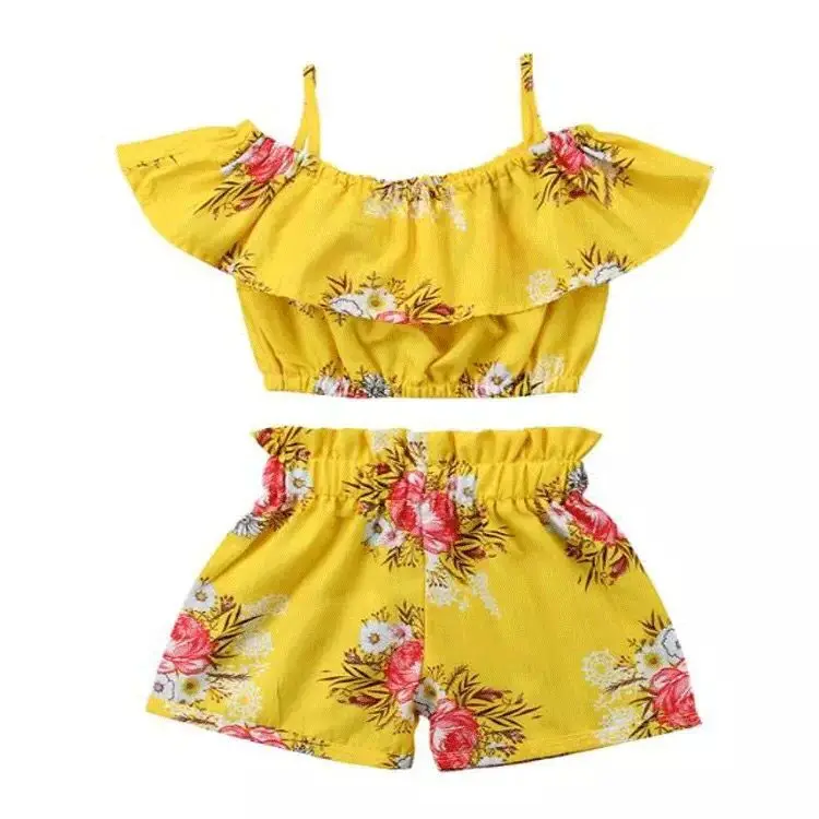 

Baby Girl Clothing Set Gilrs Nice Floral Print Sleeveless Clothes Ruffle Top With Straps+Shorts Kids Summer Fashion 2T-6T