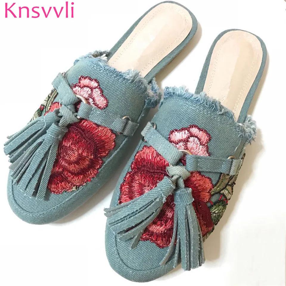 

Fashion Washing Denim Wrap Toes Mules Shoes Women Embroidered Rose Fringe Runed Toes Casual Lazy Shoes Flat Slippers Women