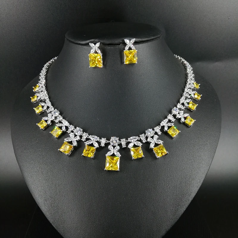 

NEW FASHION romantic yellow square zircon necklace earring wedding bride banquet formal dress popular jewelry set free shipping