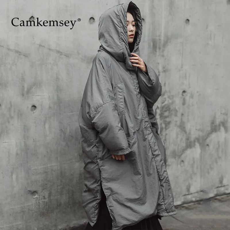 CamKemsey, новинка, толстый пуховик с хлопковой подкладкой, теплое зимнее пальто для женщин, элегантное, с разрезом сбоку, большой размер, с капюшоном, Длинные куртки для женщин
