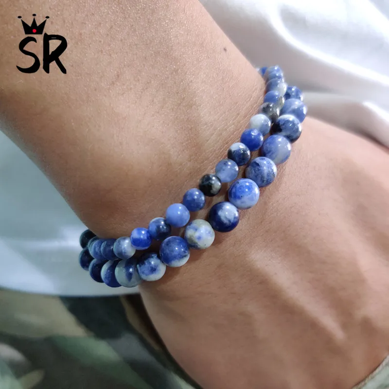 

2pcs/Set Natural Stone Bracelet Set Vintage Beaded Strand Bangle Bracelets for Men Women 4mm 6mm Blue-vein Stone Beads Set Yoga