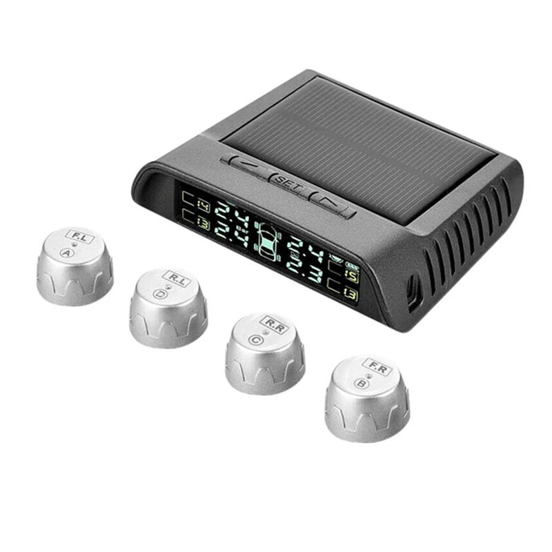 

Wireless Car Truck TPMS Tire Pressure Alarm 5V Solar Power LCD Monitor System 4 External Sensor