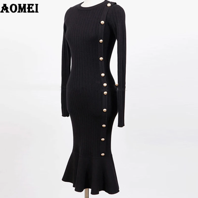 

2019 Fall Knitting Dress Button Up Bodycon Slim Black Sweater Dresses Long Sleeves Sheath Elegant Femme Girl Tunic Robes Fashion