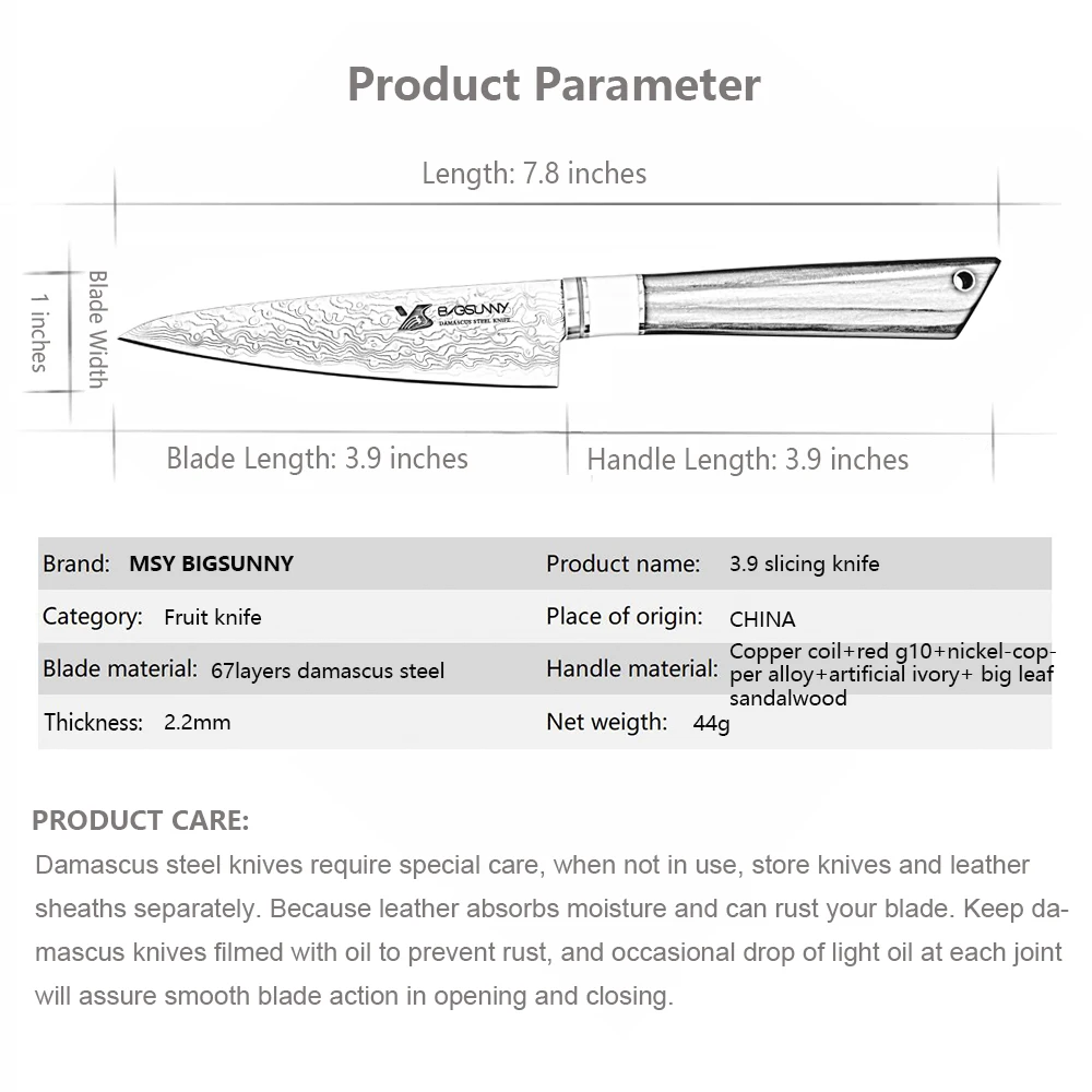 BIGSUNNY дамасский нож для очистки овощей 3,"-67 слоев лезвия-нож для нарезки фруктов с большой ручкой из сандалового дерева-ручная работа