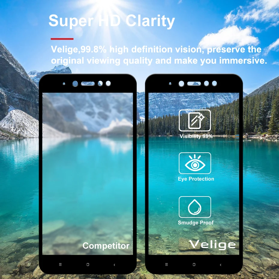 2 Pack Velige Tempered Glass Screen Protector For Xiaomi Redmi Note 5A Prime Note5A Pro Full Cover 9H Glass Flim Black (6)