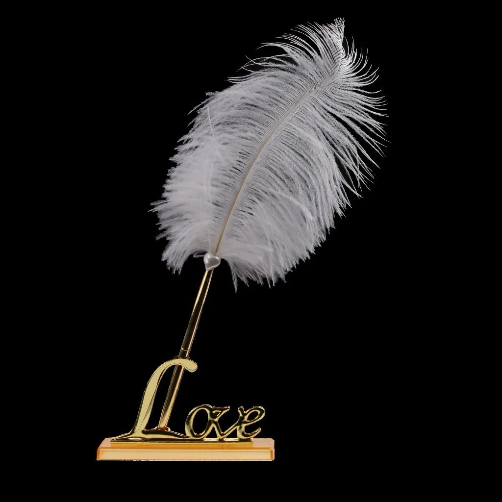 White Feather Signing Pen With Gold Plated Metal Love Holder