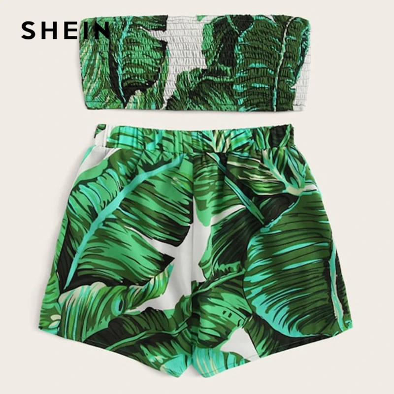 SHEIN كيدي كشكش تنحنح مخطط كامي بلوزات وسراويل الشاطئ نمط الفتيات الملابس 2019 الصيف بلا أكمام عارضة فتاة الملابس مجموعة