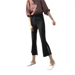 Для женщин Весна в Корейском стиле Высокая Талия небольшой клеш брюки 2018 Лето универсальные тонкие черные брюки женский Разделение пят