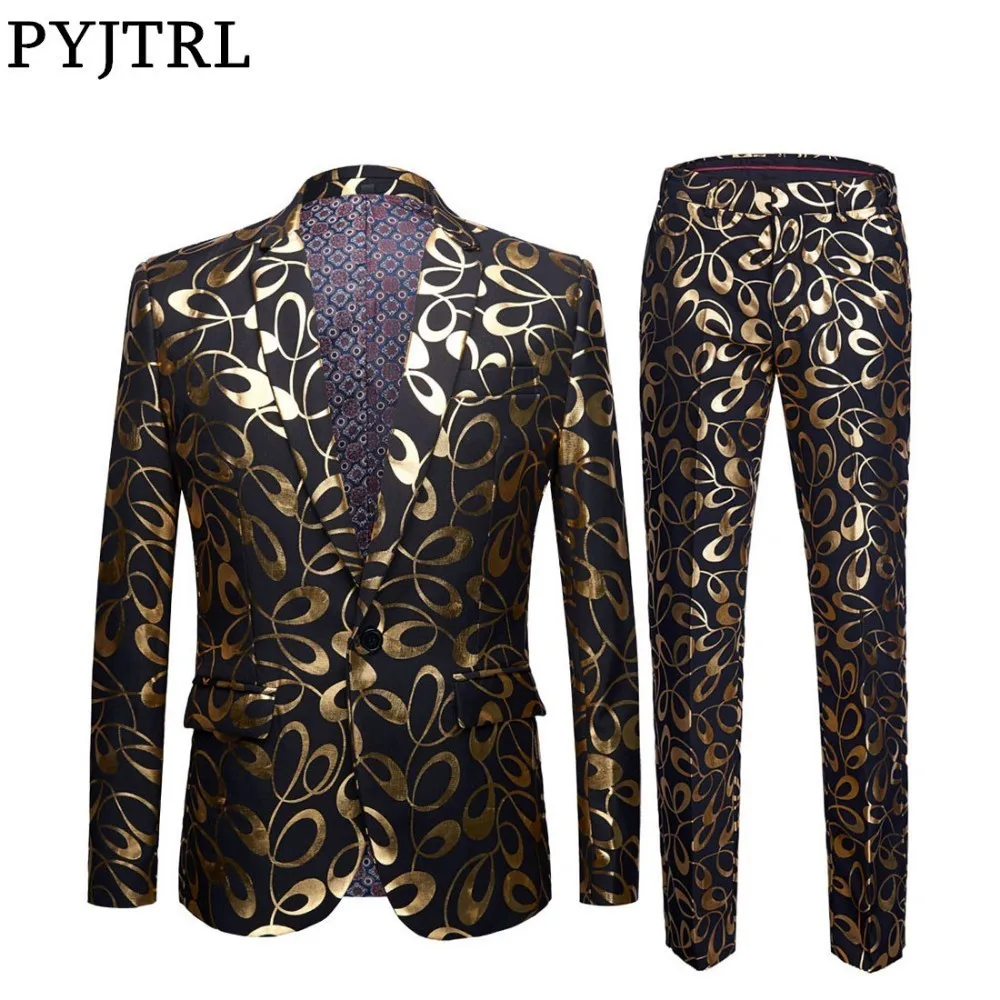 PYJTRL العلامة التجارية جديد المد الذكور زائد حجم 5XL الذهب الزخارف سليم صالح رجل الدعاوى مع السراويل الزفاف العريس سهرة المغني زي