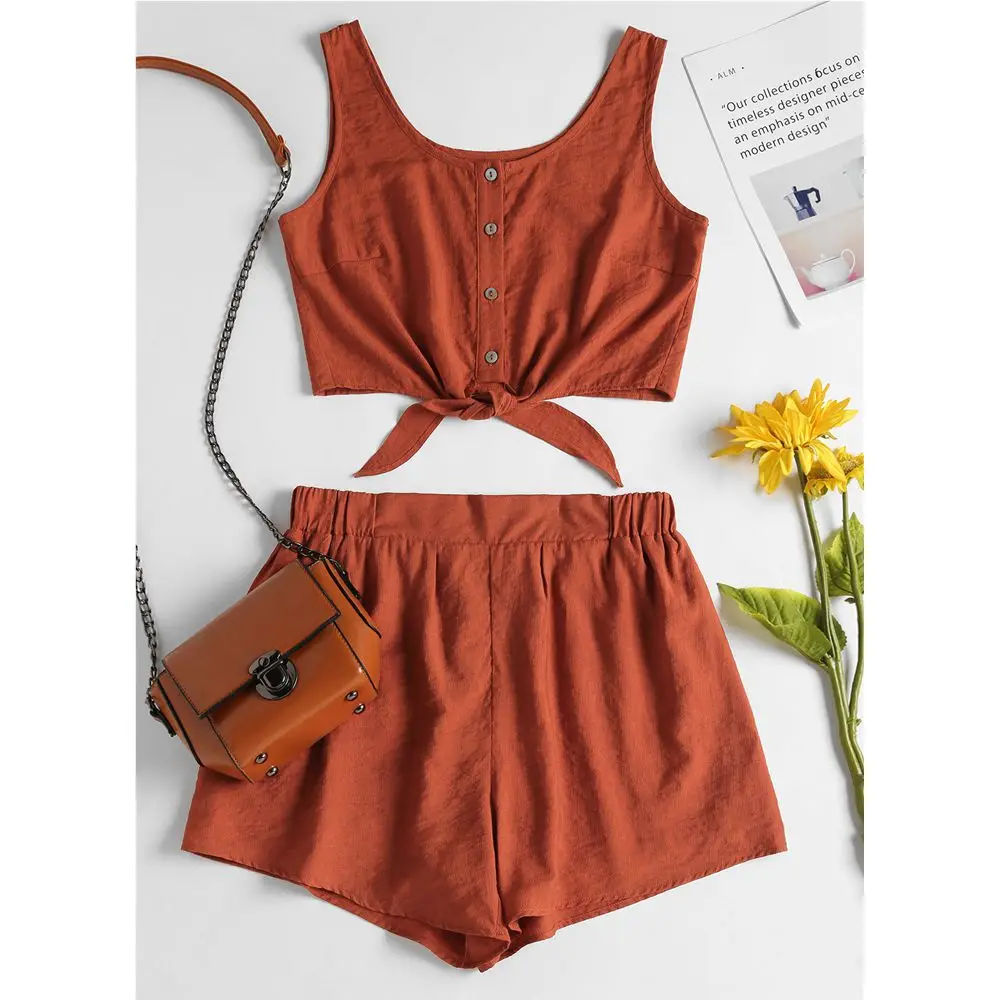 ZAFUL Beach Two-Piece Suits Button Up Crop Top and Shorts Set Pleated Solid Tie Waist Romper High Waist Sleeveless Swimming Suit