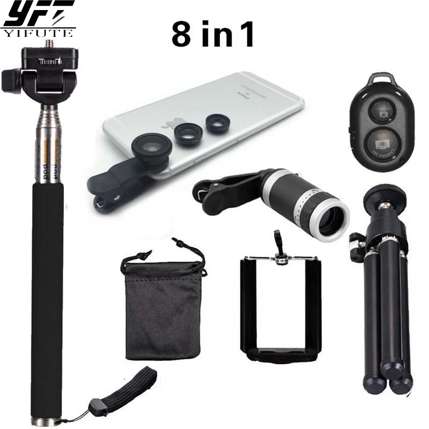 

8in1 8x Zoom Phone Camera Lens for Universal Cell Telescope Fisheye Wide Angle Macro Bluetooth Shutter With Selfie Stick Tripod