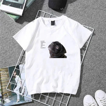 

Classic T Shirt Women Good Things Black Pug Lovely T-Shirt Lady 100% Cotton Summer Tops Girl Tees Harajuku White T-shirt