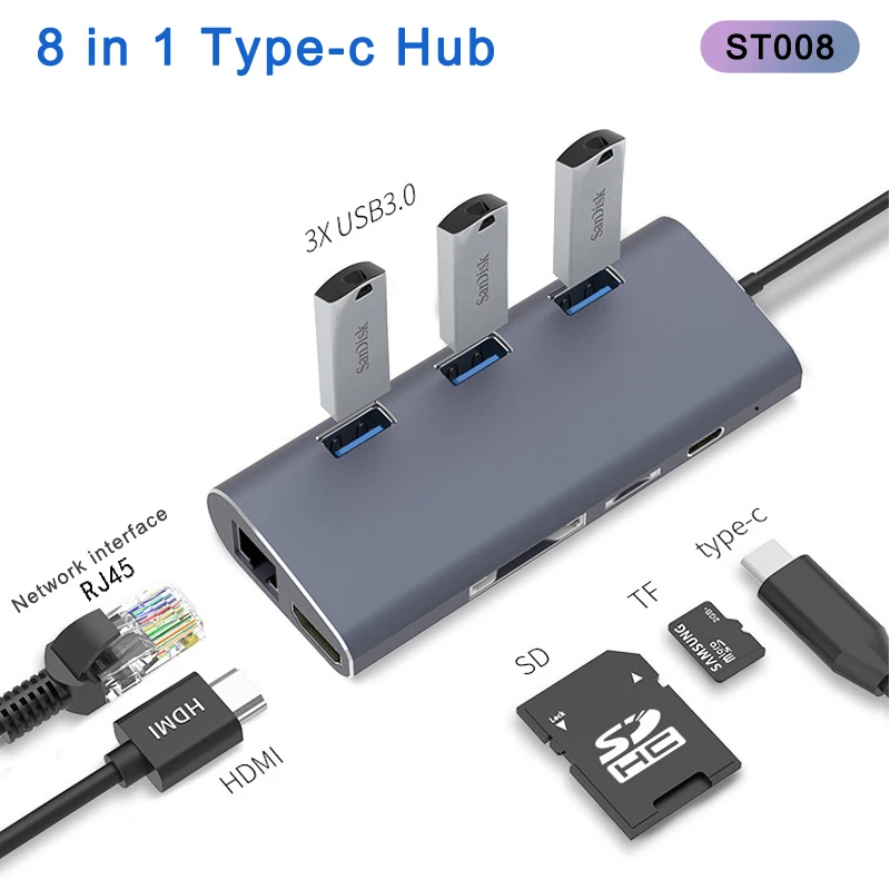 8 в 1 Тип C концентратор HDMI RJ45 TF USB адаптер для ноутбука MacBook samsung мобильного