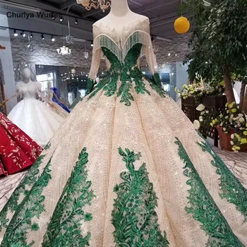 

LS11252 ball gown evening dresses with green appliques special o-neck long sleeves dubai prom dresses curve shape ladies dresses