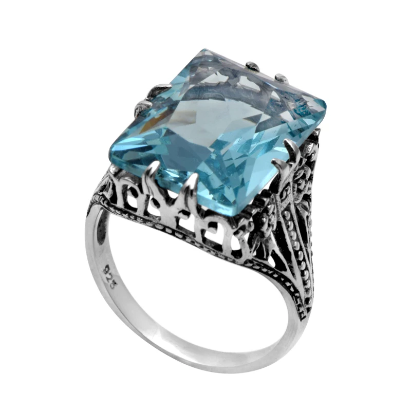 Szjinao 925 Sterling Silver Rings for Women Fashion Aquamarine Ring Frame Flowers Antique Wedding Ring